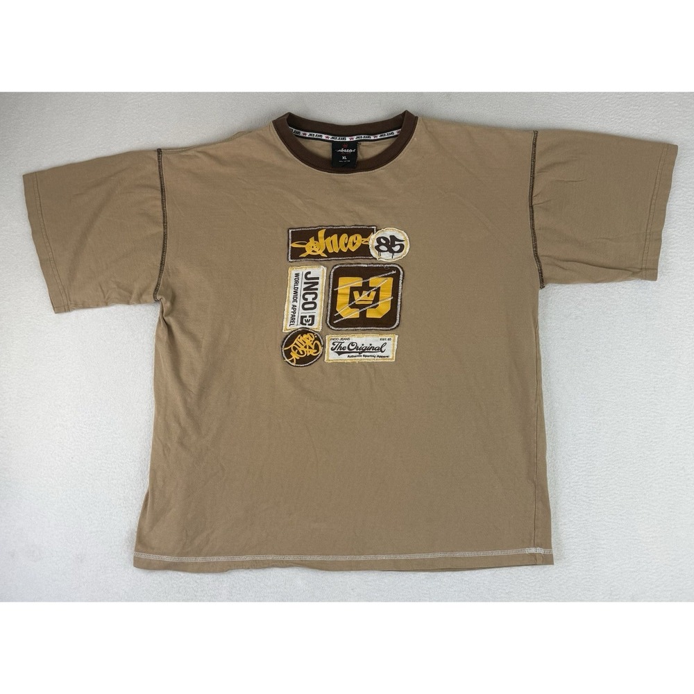 Vintage JNCO Jeans Graphic‎ Print Shirt Y2K Size XL Earthtone Brown Embroidered